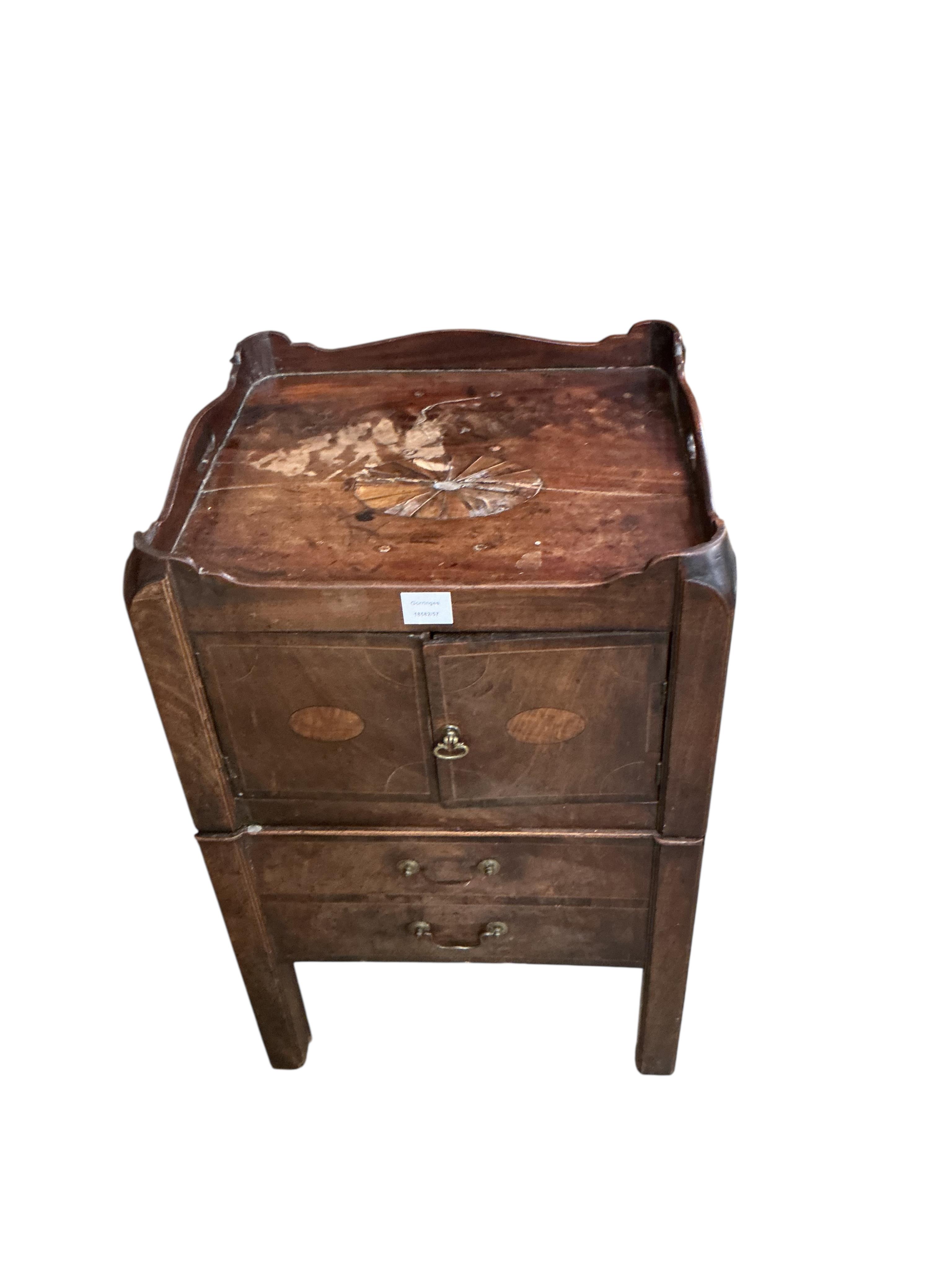 A George III inlaid mahogany tray top bedside cabinet, width 50cm, depth 46cm, height 77cm